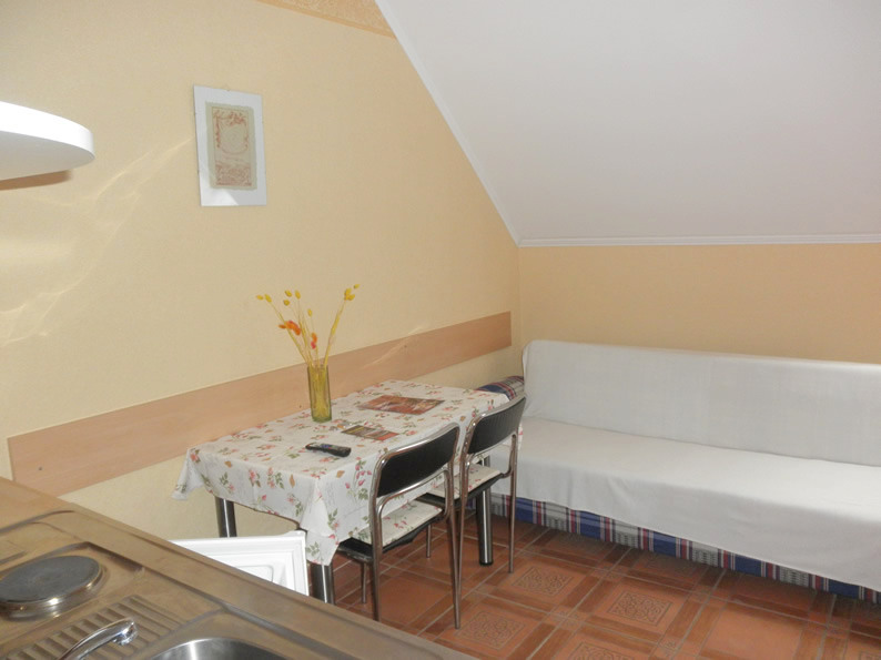 Gyula Apartment - der Essbereich und das Sofa